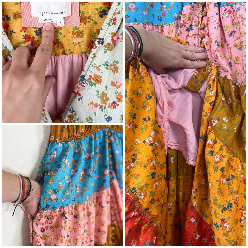Anthropologie Boho Hippie Cottagecore Size S Floral Patchwork Tiered Maxi Dress - Picture 5 of 10